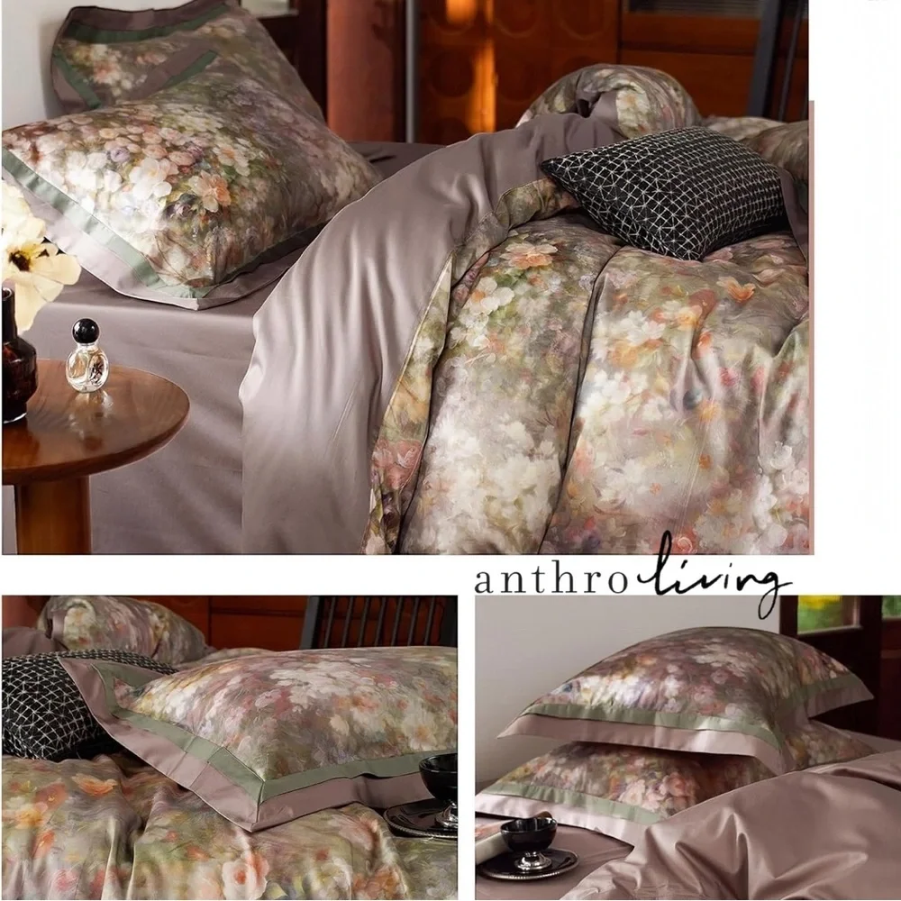 NEW Anthro Blush Pink Silk Floral Boho Cotton Queen King Bedding Duvet Sham Set